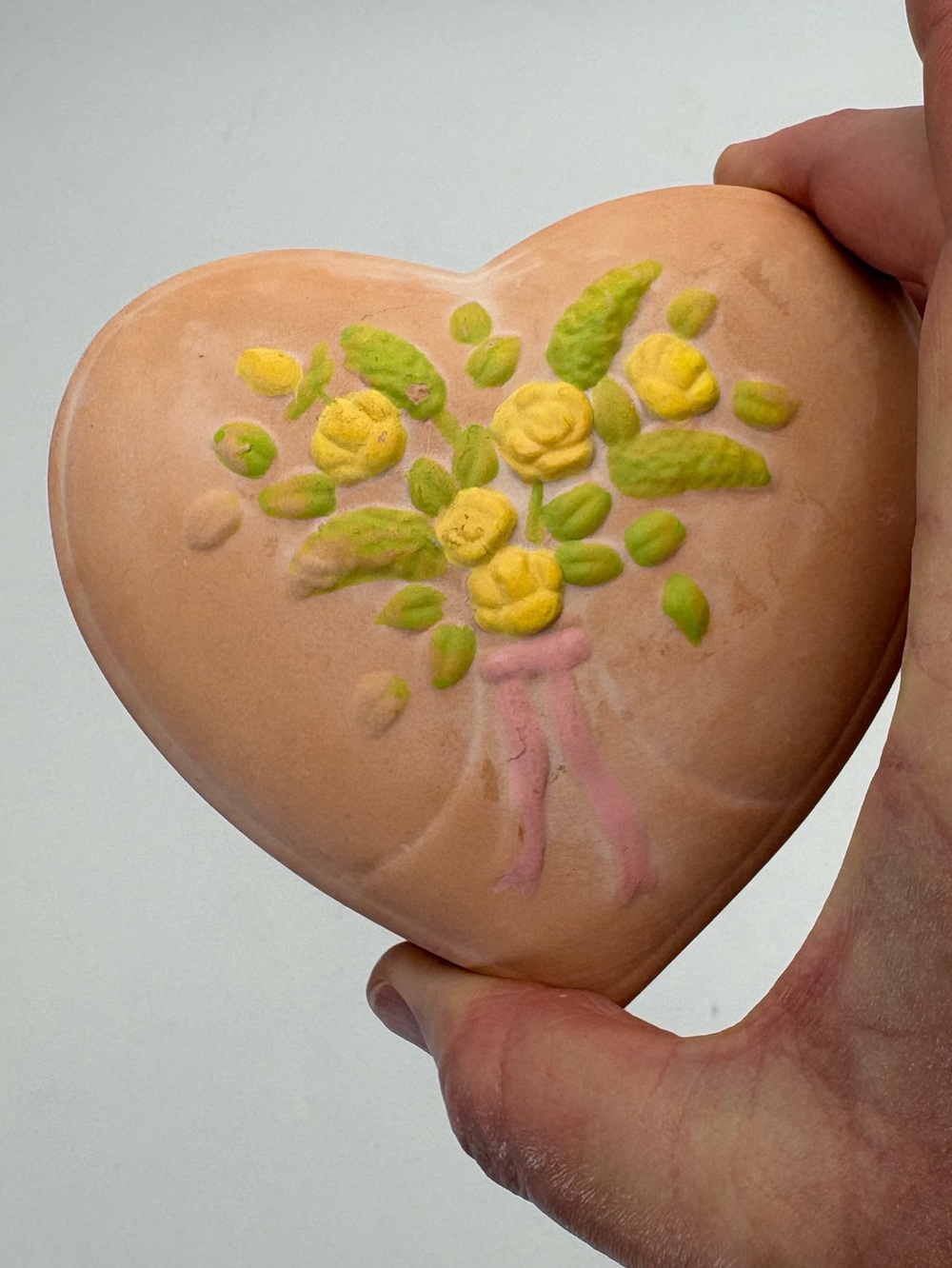Adorable Hand-Painted Terrac Heart Trinket with Yellow Rose Bouquet